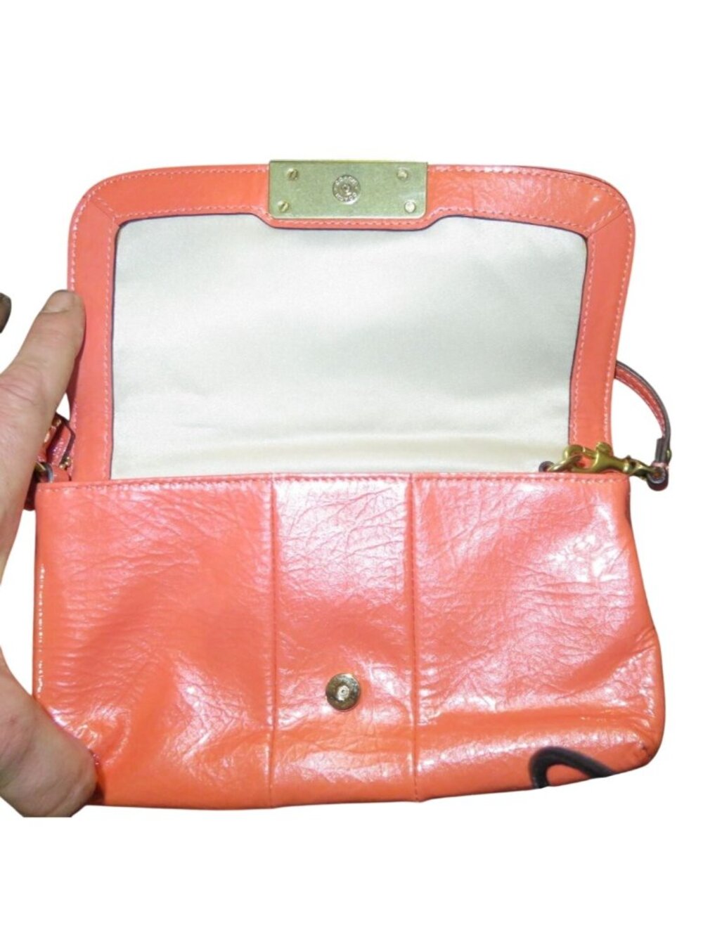 Coach Kristen Coral Patent Leather Flap Large Wristlet Wallet Clutch - Picture 3 of 16